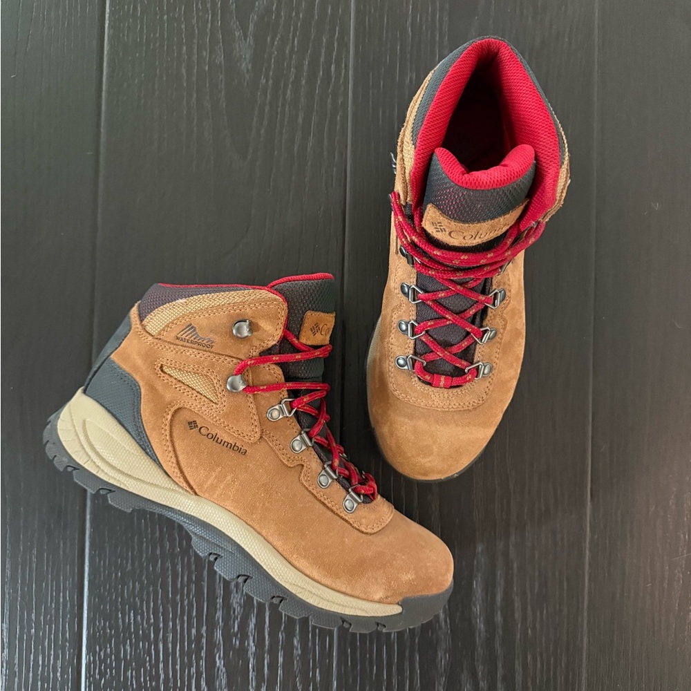 Columbia Women’s Newton Ridge Hiking Boots — Brown with Red Laces
